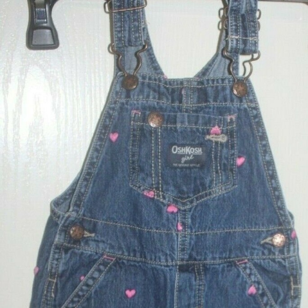 Osh Kosh B'gosh Blue Denim Overalls Pink Embroidered Hearts 24 mo EUC